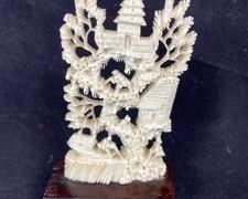 Antique Chinese Bone Intricate Village Carving on Wood Stand
