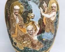 Vintage High Relief and Sculpted Japanese Vase/ Planter with Deities 12.5"