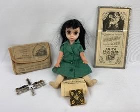 Vintage Galore! Susie Sad Eyes Doll, Star Tobacco Pouch, Cribbage Pegs & More