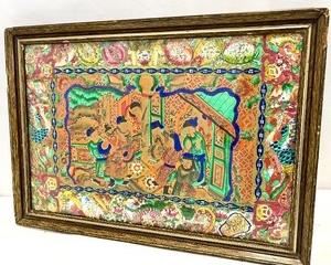 Fantastically Ornate/Vibrant Antique Chinese Hand-Done Painting w/ Paper Cutting and Gilt Foil