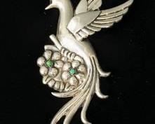 1930s Signed 3D Pheasant Brooch - Mexico Sterling Silver and Turquoise 41g