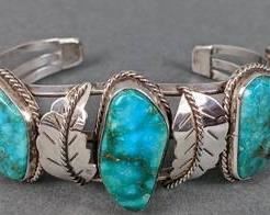 Signed Sterling Silver & Turquoise Native American Cuff Bracelet- "F.B."