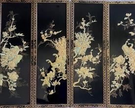 Four Beautiful Vintage Chinese Lacquer Panels w/ Mother of Pear Details
