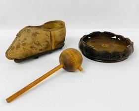 Antique Artifacts- Pointed Shoe, Handcarved Wooden Base, Wooden Mallet/Muzzle Gun Packer