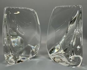 Pair of Vintage Daum France Freeform Clear Crystal Signed Bookends