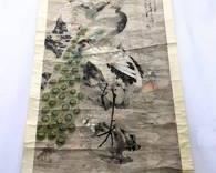 Dramatic Chinese Qing Dynasty Silk Scroll Art on Spindles - 85" Long (1644-1911)
