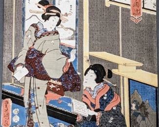 Three Antique Edo Era Nishiki-e by Kunisada - 1855 Woodblock Ad Prints