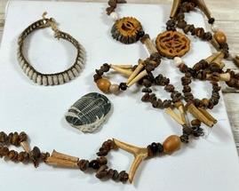 Trilobite Fossil, & Vintage Tribal Necklace & Bracelet Made of Shells, Seeds & Nuts