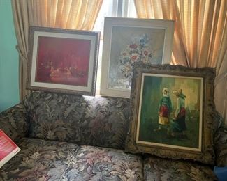 LEFT TO RIGHT : 1)Red Boats Docked oil on canvas by Goe Marco 	This is a nice piece of artwork by Goe Marco, it is in good condition, it is a scene painted in red, the boats are red as well as the background, it meaures 28 1/4" L x 25 3/4"H  2)Bouquet of Flowers Oil on Canvas by Jean Claude Mayodon	This is a beautfiul piece of artwork. It is a boquet of flowers in vase. It measures 26" L x 30"H. The artist used multiple colors to bring the bouquet of flowers to life.   3)Two Merchants Talking Oil on Canvas 	This is a nice piece of artwork, the artist signature is unknown, it is in great condition, the painting is of two merchants having a converation with each other, the artist used different hues of green to make the background come alive. Its oil on canvas, it measures 28" L x 2 7/8" W x 32 1/2"H.