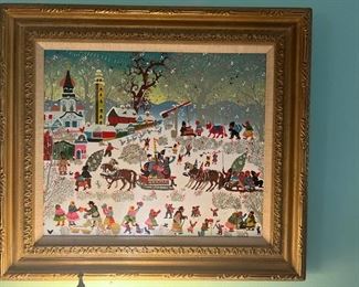 Hunting, Gathering & Traveling by Naumovski 	This is a nice piece of artwork by Naumovski, it is in good condition, the painting is of a men, women and children walking in the snow, and on horses, some gathering fruits from the bushes and water from the well, everywhere you look someone's doing something different. it is oil on canvas ....  it measures 28" L x 25 1/2" H. 