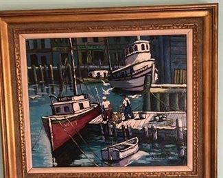 Fisherman on Dock by Jugovic Oil on Canvas - This is a nice piece of artwork by Jugovic. it is in good condition, the painting is of fisherman bringing a net to a docked boat on a pier. It measures 32" Lx 27"H