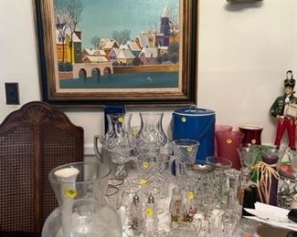 Teapots, Glassware, China, Vases, Salt & Pepper Shakers, Teacups - Low Prices - Photo in Background : Colorful Homes on the Lake by May, This is a nice piece of artwork by MAY, it is in good condition, the painting is of homes in the winter time on the lake, it measures 30" L x 26 1/2" H