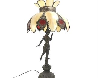 
Figural White Metal Table Lamp With Stained Glass Shade