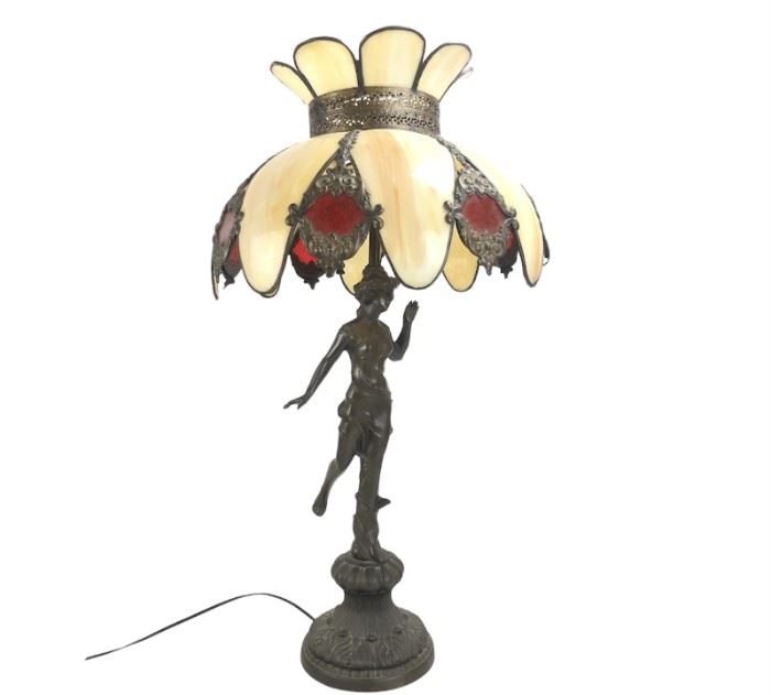 
Figural White Metal Table Lamp With Stained Glass Shade
