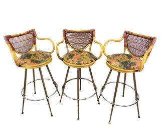 
Mid-Century Modern Rattan Vinyl Covered Bar Stools, Set Of 3 