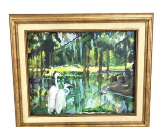 
Wildlife Landscape, Oil On Canvas Painting, Signed Garn