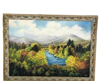 
River Mountain Landscape, Oil On Canvas Painting, Signed K. Goodsell