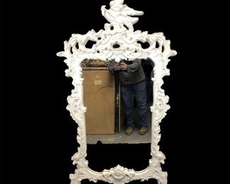 
1950s Mold Blown Hollywood Regency Mirror, Bird Top, White Frame