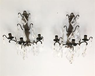 Pair Of Bronze & Crystal Candelabra Wall Sconces
