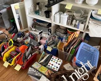 Servingware (plates, bowls, cups, platters), knick knacks, cards and paper items
