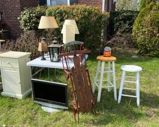 Lamps, Stools, Vintage Sled, Flat Screen TV Monitor, Lanterns, Tools