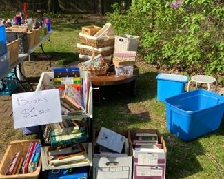 books, baskets, organizational items, tables, stools