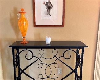 French Panel Wrought Iron Console Table / Accent Table by Global Views, Hand Blown Art Glass Vase.  (The artwork in this photo is NOT for sale)