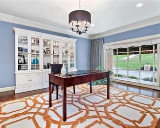 Office Furniture, Hickory Chair Desk, 3- Matching White Illuminated Bookcases, Accent Chair and Area Rug