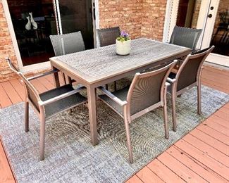 7 Pc Gloster Outdoor Patio Set, Teak Wood Dining Table w/ 6 Powdered Aluminum Sling Chairs and Area Rug