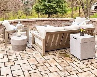 Restoration Hardware COSTA Collection Weathered Teak Patio Seating Set, RH Costa Sofa and 2 x Costa Lounge Chairs w/ Cushions, 2 x RH Cosimo Collection Side Tables, RH IXTAPA Fire Table / Fire Pit and RH IXTAPA Propane Tank Cover / Side Table