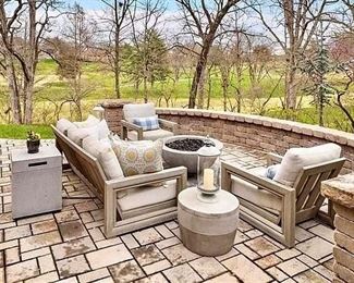 Restoration Hardware COSTA Collection Weathered Teak Patio Seating Set, RH Costa Sofa and 2 x Costa Lounge Chairs w/ Cushions, 2 x RH Cosimo Collection Side Tables, RH IXTAPA Fire Table / Fire Pit and RH IXTAPA Propane Tank Cover / Side Table