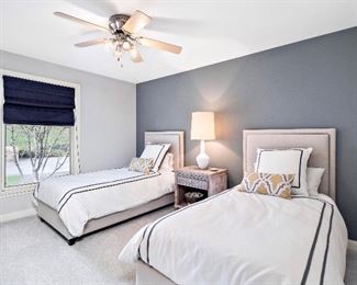 Basset Nailhead Two Twin Beds w/ Mattress and Box Springs, Lamp, Nightstand and Decor 