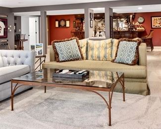 Sofa, Accent Pillows and Restoration Hardware Iron and Glass Coffee Table