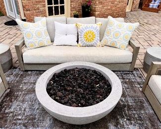 Restoration Hardware COSTA Collection Weathered Teak Patio Seating Set, RH Costa Sofa and 2 x Costa Lounge Chairs w/ Cushions, 2 x RH Cosimo Collection Side Tables and RH Concrete Fire Table / Fire Pit and Concrete Propane Tank Holder / Side Table