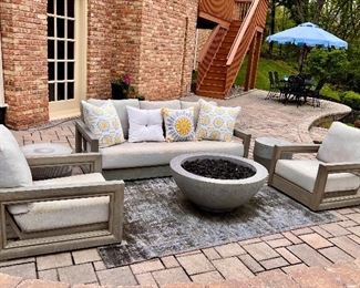 Restoration Hardware COSTA Collection Weathered Teak Patio Seating Set, RH Costa Sofa and 2 x Costa Lounge Chairs w/ Cushions, 2 x RH Cosimo Collection Side Tables and RH Concrete Fire Table / Fire Pit and Concrete Propane Tank Holder / Side Table