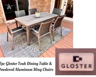 7 Pc Gloster Outdoor Teak Dining Table and 6 Powdered Aluminum Sling Chairs / Patio Set / Patio Table and Chairs / Outdoor Table and Chairs / Teak Wood