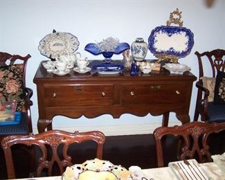MAHOGANY BUFFET, PAIR OF CHIPPENDALE-STYLE DINING CHAIRS, NEEDLEPOINT PILLOWS & MORE