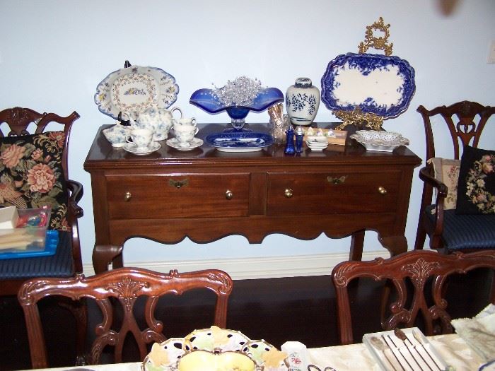 MAHOGANY BUFFET, PAIR OF CHIPPENDALE-STYLE DINING CHAIRS, NEEDLEPOINT PILLOWS & MORE
