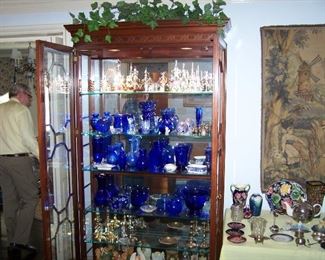 COBALT & OTHER GLASS IN THE CHINA/CURIO CABINET
