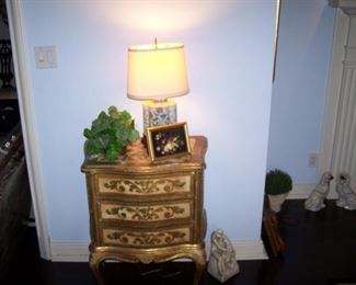 BOW-FRONT CHEST, LAMP & MISC.