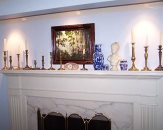 PAINTING & BRASS CANDLESTICKS