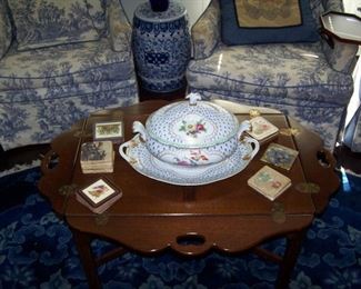 BUTLER'S TABLE, GARDEN SEAT, HAND-PAINTED TUREEN & UNDERPLATE & MISC.