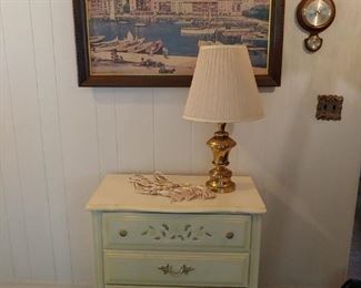 Dresser, wall decor, lamp, 
