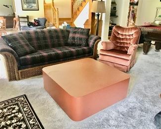 Wicker sofa, coffee table & chair - basement 