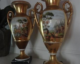 Pair Antique 19th Century French Empire Porcelain Vases