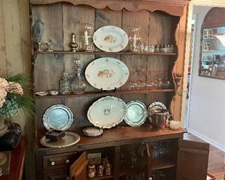 Habersham Plantation pine cupboard, crystal stemware, vintage platters, chalk ware squirrels, oriental vase, silver plated trays and more.