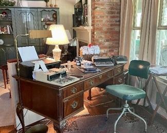 Beautiful  5 drawer antique desk, lamp, printer, 2 adding machines, office chair, rug, floor lamp, and chair mat  