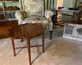 Wing back chair( does have matching foot stool) nice cherry side table , Andrew Wyeth coffee table book.