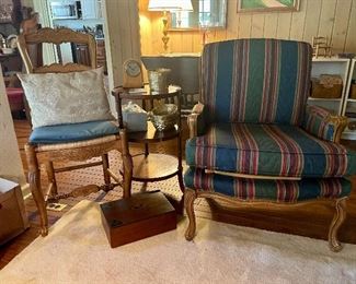 Country french striped chair, rush seat chair, 3 tier round table, writing box, smalls.