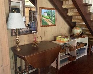 Wonderful drop leaf table,  antique mirror, original painting, vintage globe, DVD's and more.